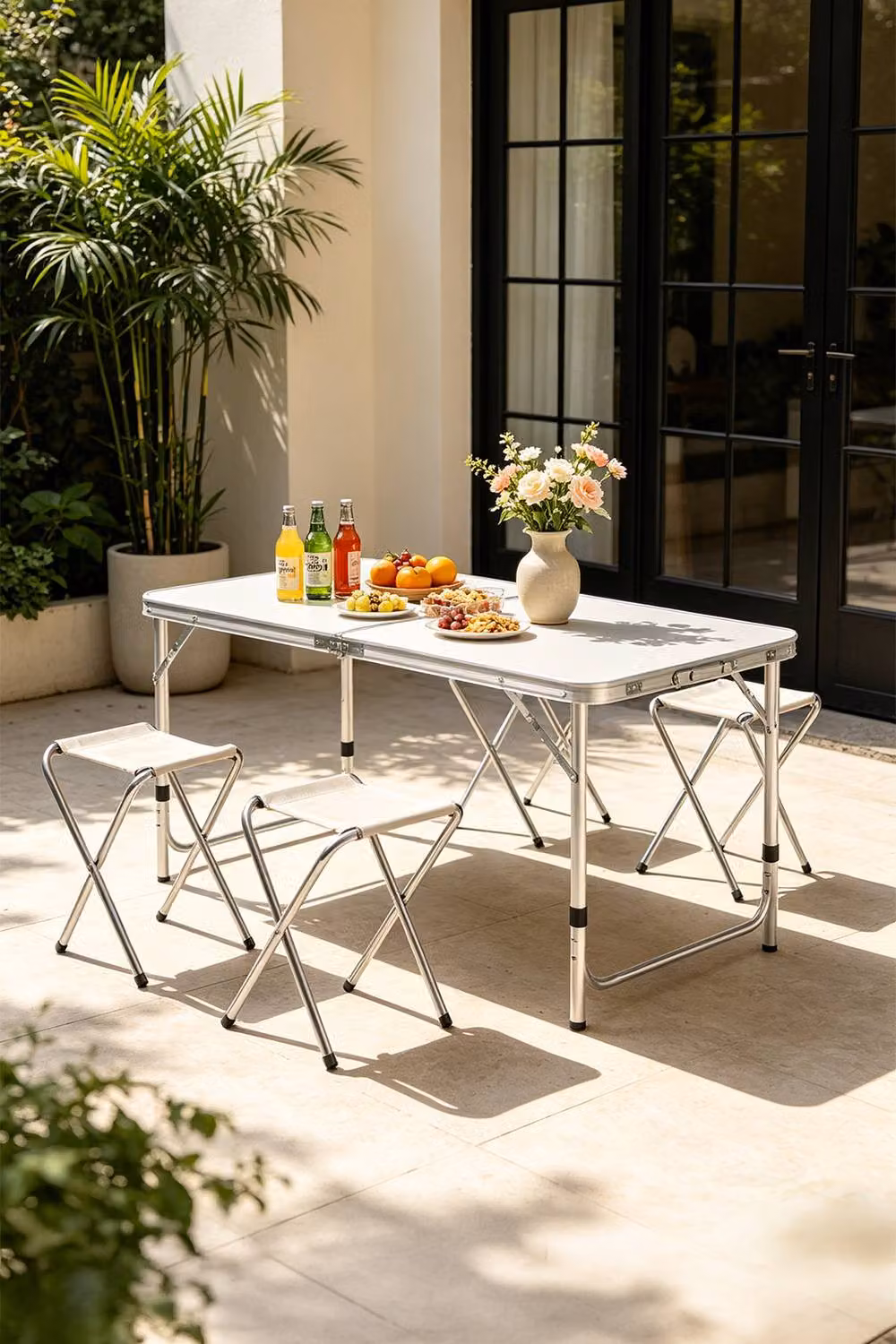 Garden Sanctuary Portable Lightweight Aluminium Folding Picnic Table with 4 Stools Set in White – 2