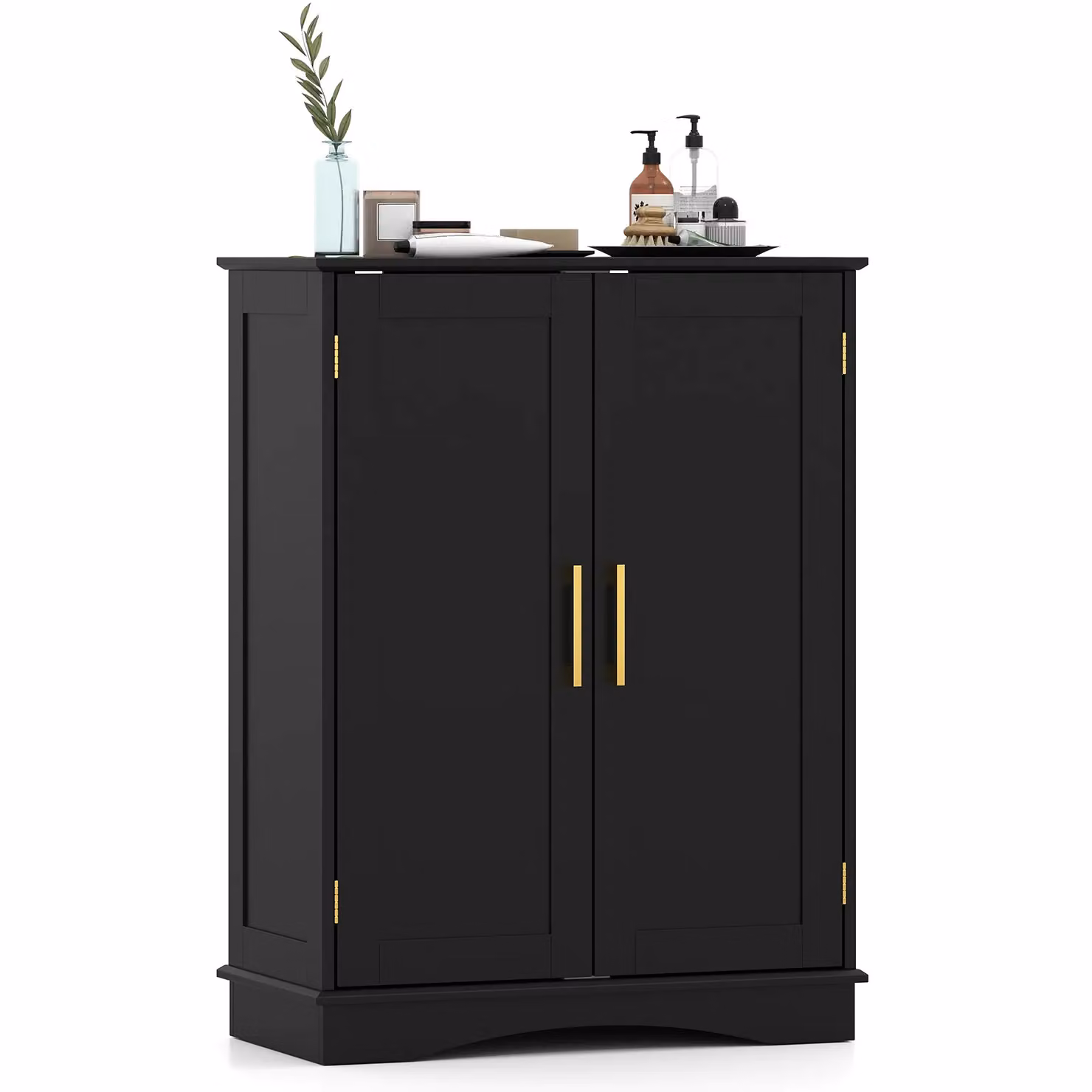 Costway Modern Black and Gold Bathroom Floor Storage Cabinet with Hinged Doors and Internal Shelves, Width: 80 cm – 10