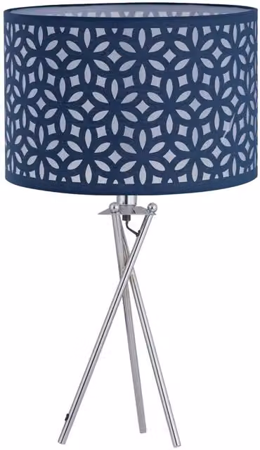 First Choice Lighting Chrome Tripod Table Lamp with Navy Blue Laser Cut Fabric Shade