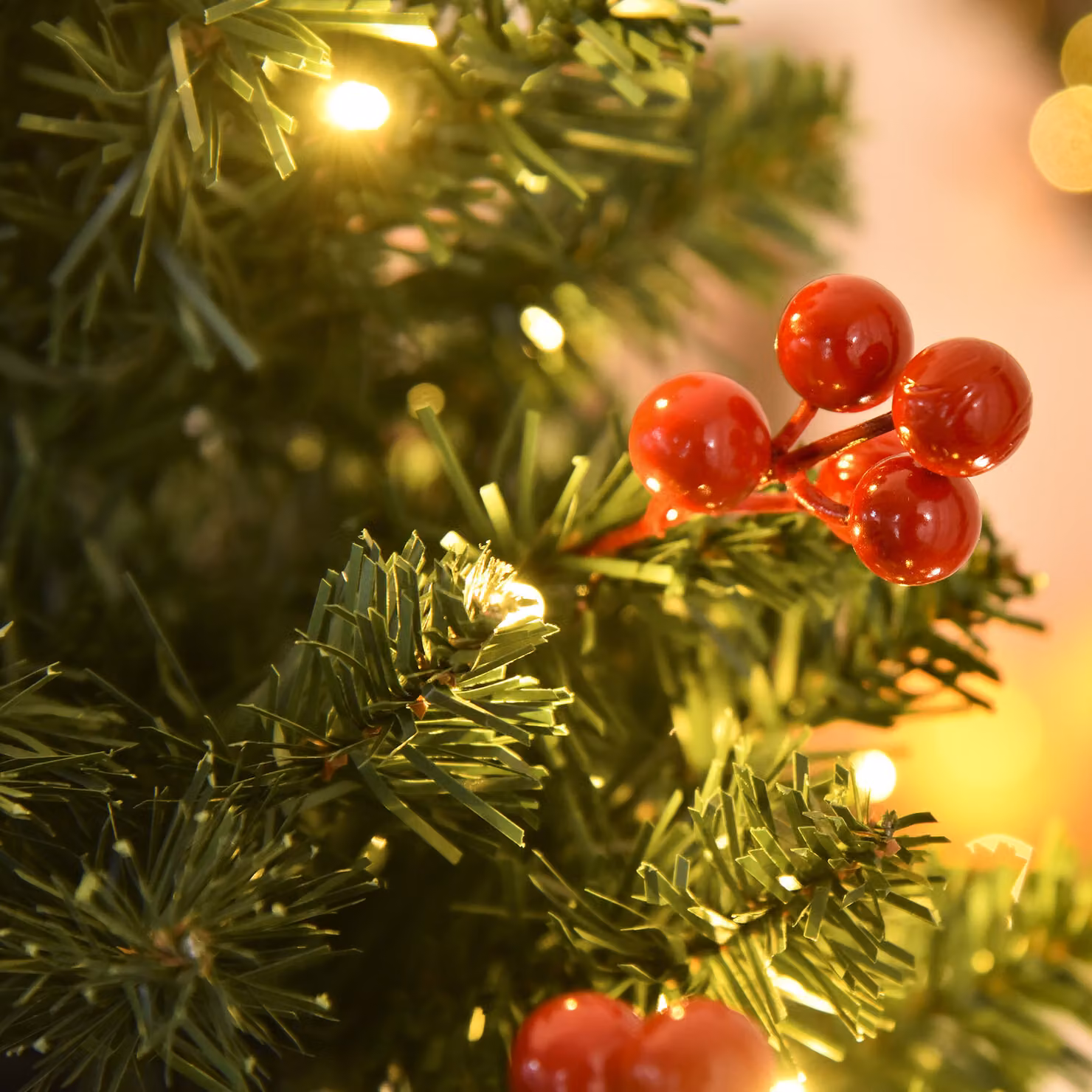 HOMCOM 5ft Prelit Artificial Pencil Christmas Tree with Warm White LED Lights and Red Berries, Green – 8