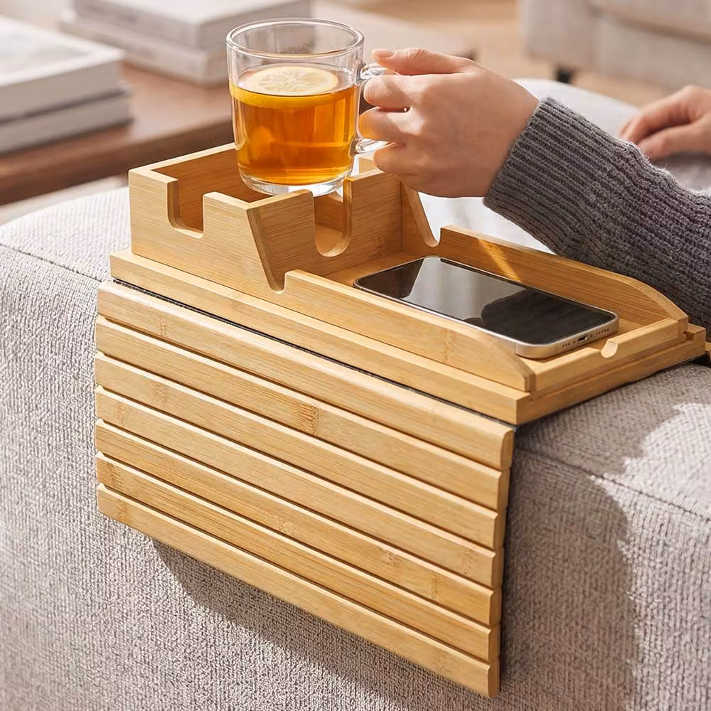 Levede 2-in-1 Bamboo Sofa Arm Tray Table and Couch Armrest Organiser in Natural Brown – 2