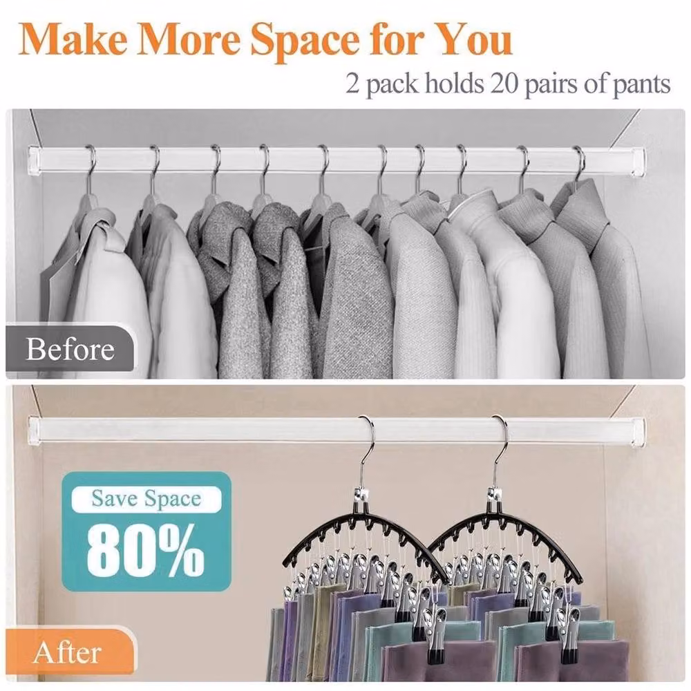 PAWNORA 2-Piece Black Metal Closet Storage Hanger Set with 10 Clips for Space Saving Organisation – 3