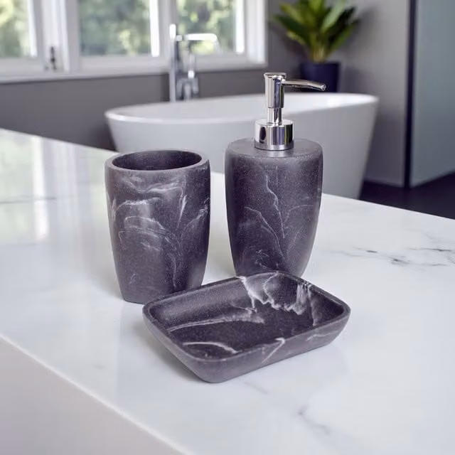 Showerdrape Octavia 3 Piece Grey Marble and Chrome Bathroom Accessory Set including Soap Dispenser, Tumbler and Soap Dish