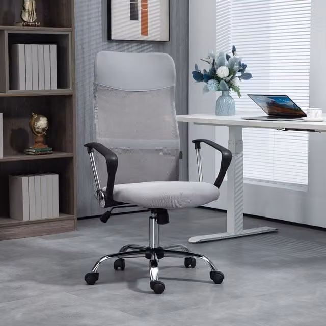HOMCOM High Back Task Chair in Light Grey with Mesh and Synthetic Leather, Height Adjustable and Swivel Design