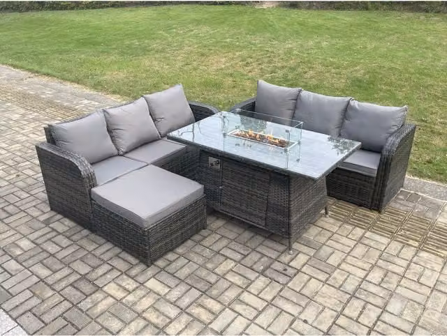 Fimous 7-Seater Rattan Garden Furniture Set with Fire Pit Table in Dark Grey Mixed
