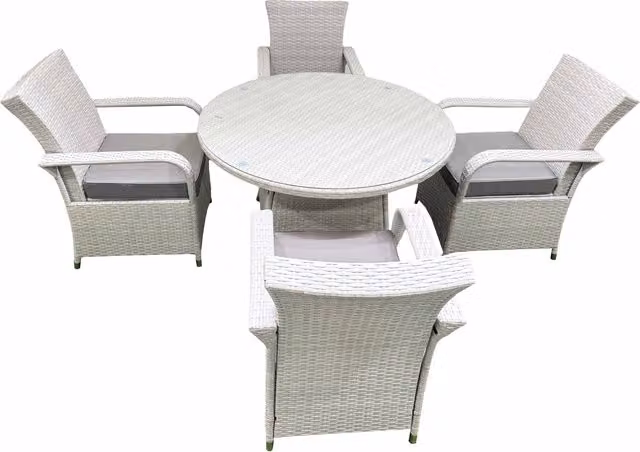 Fimous Wicker PE Rattan Garden Furniture Set with 4 Chairs and Large Round Glass Top Table in Light Grey, Diameter: 120 cm, Height: 65 cm
