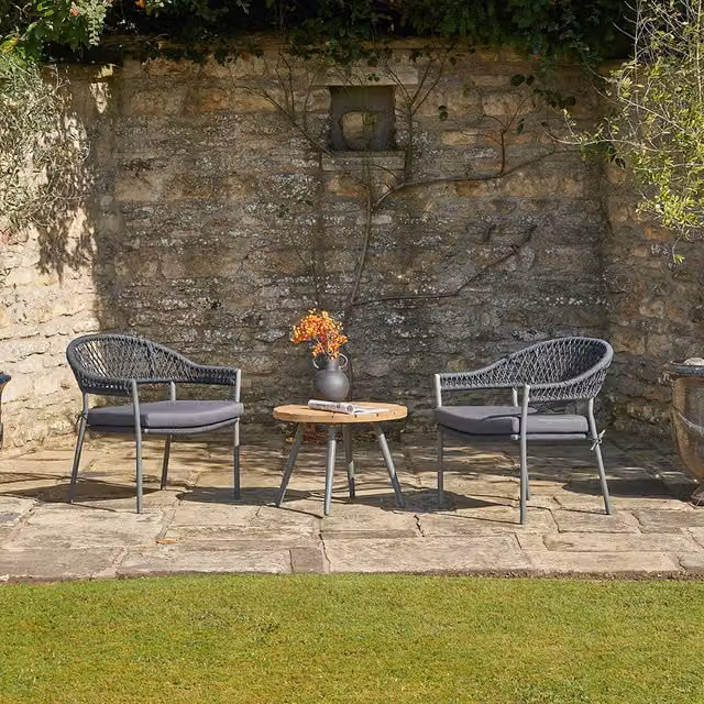 Pacific Lifestyle Modern Black Rope Bistro Set with Round Acacia Wood Table