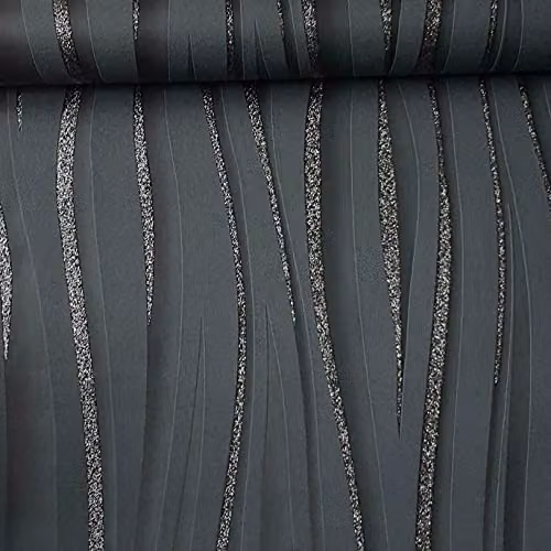 SOPHIE LAURENCE Luxury Charcoal Black and Silver Glitter Sparkle Textured Wave Stripe Vinyl Wallpaper