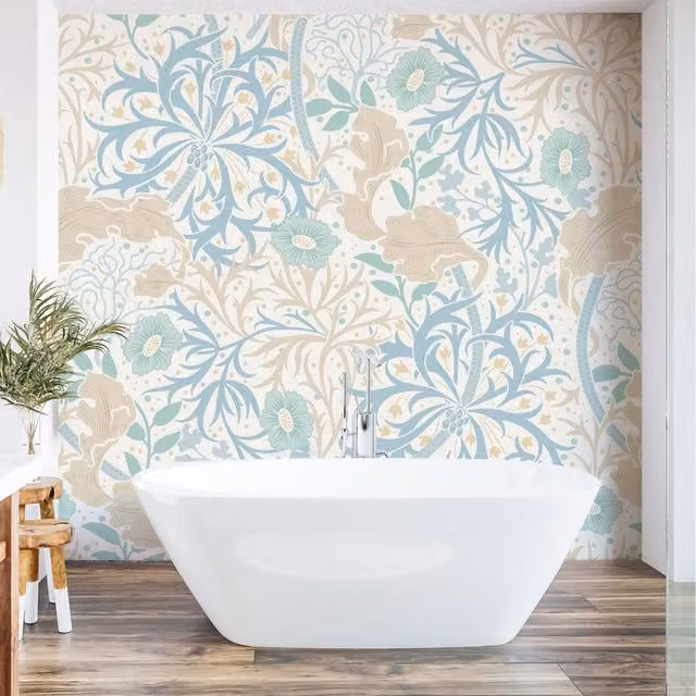 Origin Murals Trailing Seaweed Garden Art Nouveau Wall Mural in Blue and Linen, Width: 300 cm