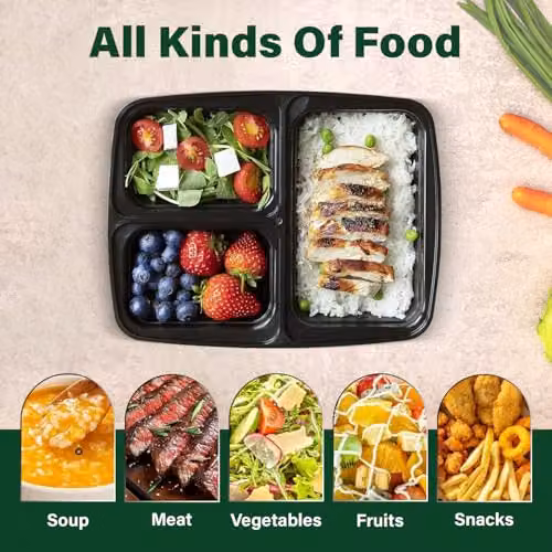 ECONX 30 Pack Black 3-Compartment Meal Prep Food Containers with Airtight Lids, 34oz Plastic Bento Lunch Boxes, Microwave and Dishwasher Safe – 9