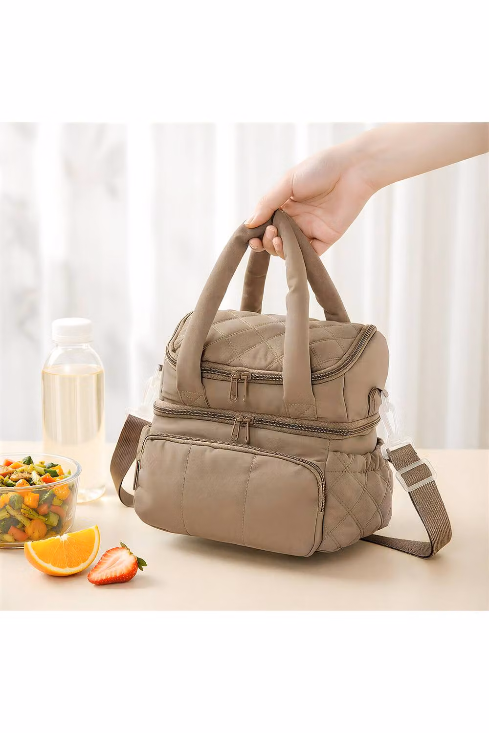 Living and Home 2 Layer Portable Insulated Lunch Bag with Compartments in Brown – 3