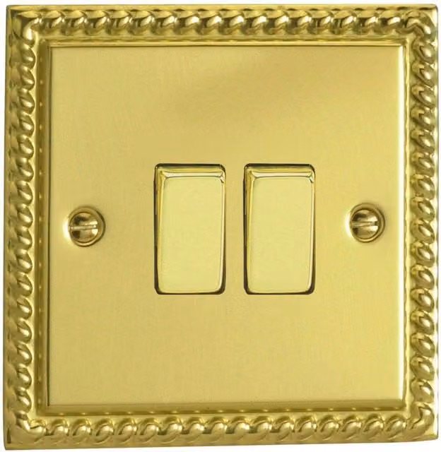 Varilight XG2D 2-Gang Georgian Brass Rocker Switch, Yellow/Gold, W: 95 mm, D: 95 mm, H: 25 mm