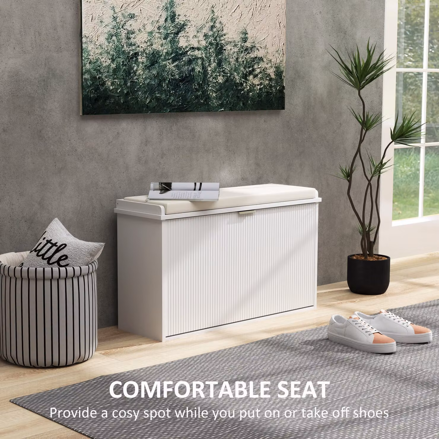 HOMCOM Elegant Eight Shoe Bench with Synthetic Leather Top Seat and Metal Storage, White, W: 120 cm, D: 47.5 cm, H: 80 cm – 3