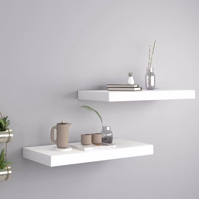 Berkfield Home White Floating Wall Shelves, 2 Piece MDF Set, W: 50 cm, D: 23 cm, H: 3.8 cm