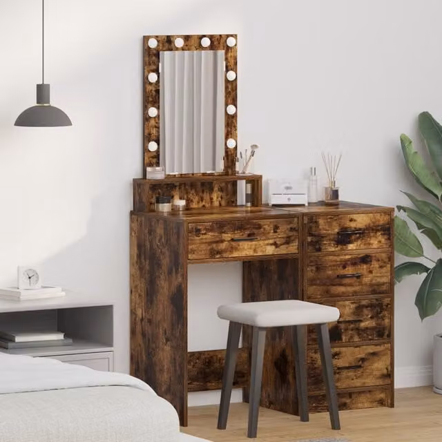 Berkfield Home Smoked Oak Dressing Table with Hollywood LED Lights, Brown, W/D/H: 50 x 41 x 140 cm
