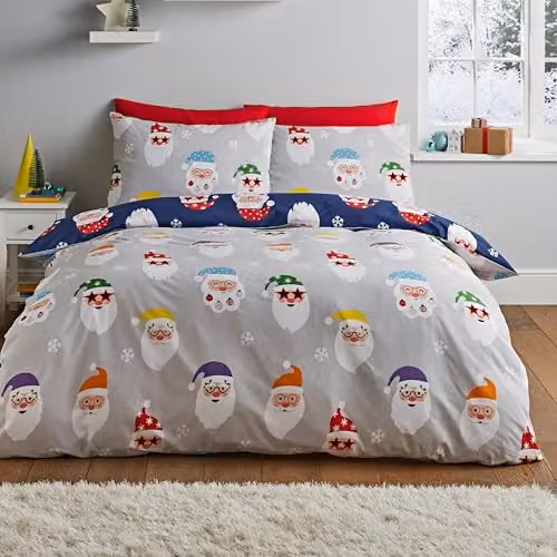 Catherine Lansfield Christmas Santa Spec-Tacular Reversible King Duvet Cover and Pillowcase Set in Grey and Blue, W/D/H: 180 x 200 cm, Pillowcase: 50 x 75 cm – 1