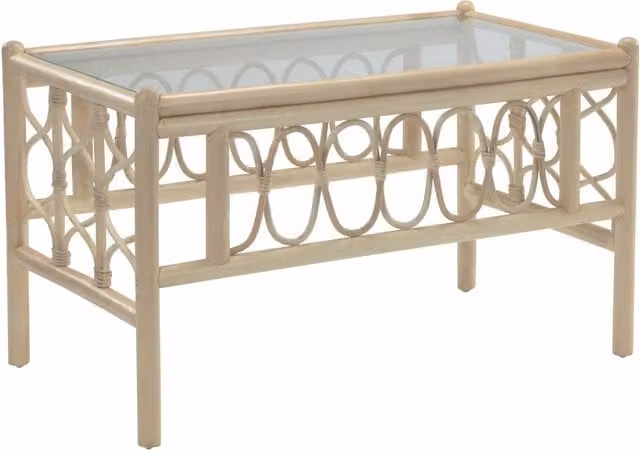 Desser Morley Cane Coffee Table in Natural Wash with Glass and Rattan, Beige/Sand
