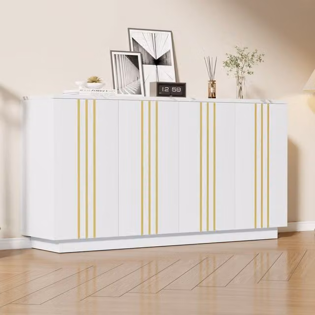 Matteo Gilded Line White and Gold Glossy 4-Door Sideboard Storage Cabinet W/D/H: 140 x 70 x 35 cm