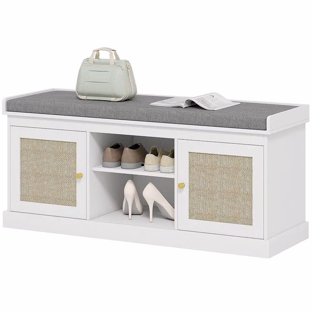 STILVORA Boho Shoe Bench with Fabric Cushion and 2 Rattan Doors in White and Gold – 2