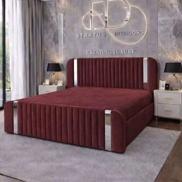Stratus Interiors Aura Rounded Velvet Panel Bed Frame with Silver Accents in Red, Super King, W: 180 cm x D: 200 cm