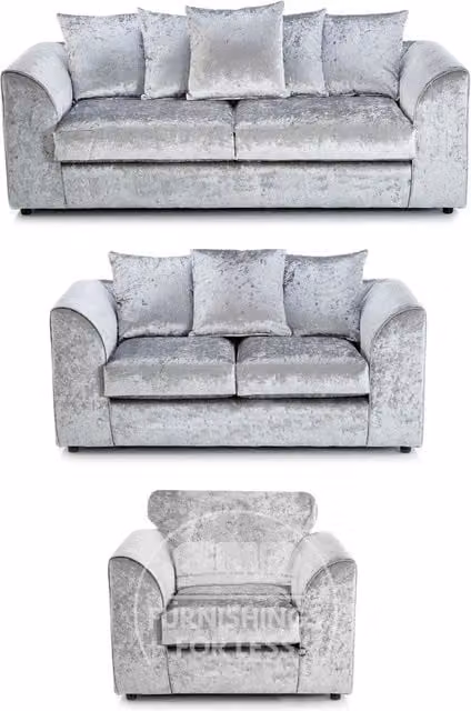 Furnishings For Less UK Crystal Crushed Velvet 3 Piece Sofa Suite in Silver, including 3 Seater Sofa, 2 Seater Sofa and Armchair with Scatter Back
