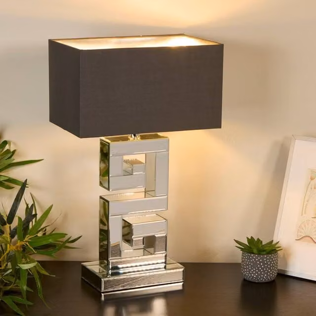 Lighting Collection Mirror Table Lamp with Grey Fabric Shade in Silver and Chrome