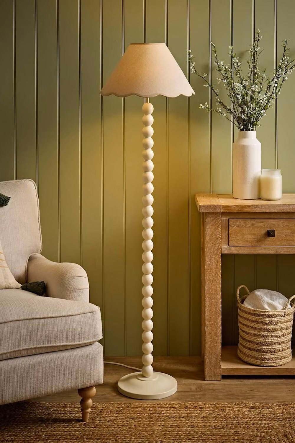 ValueLights Bobbin Colour Trim Linen Floor Lamp with Bulb in Beige – 2