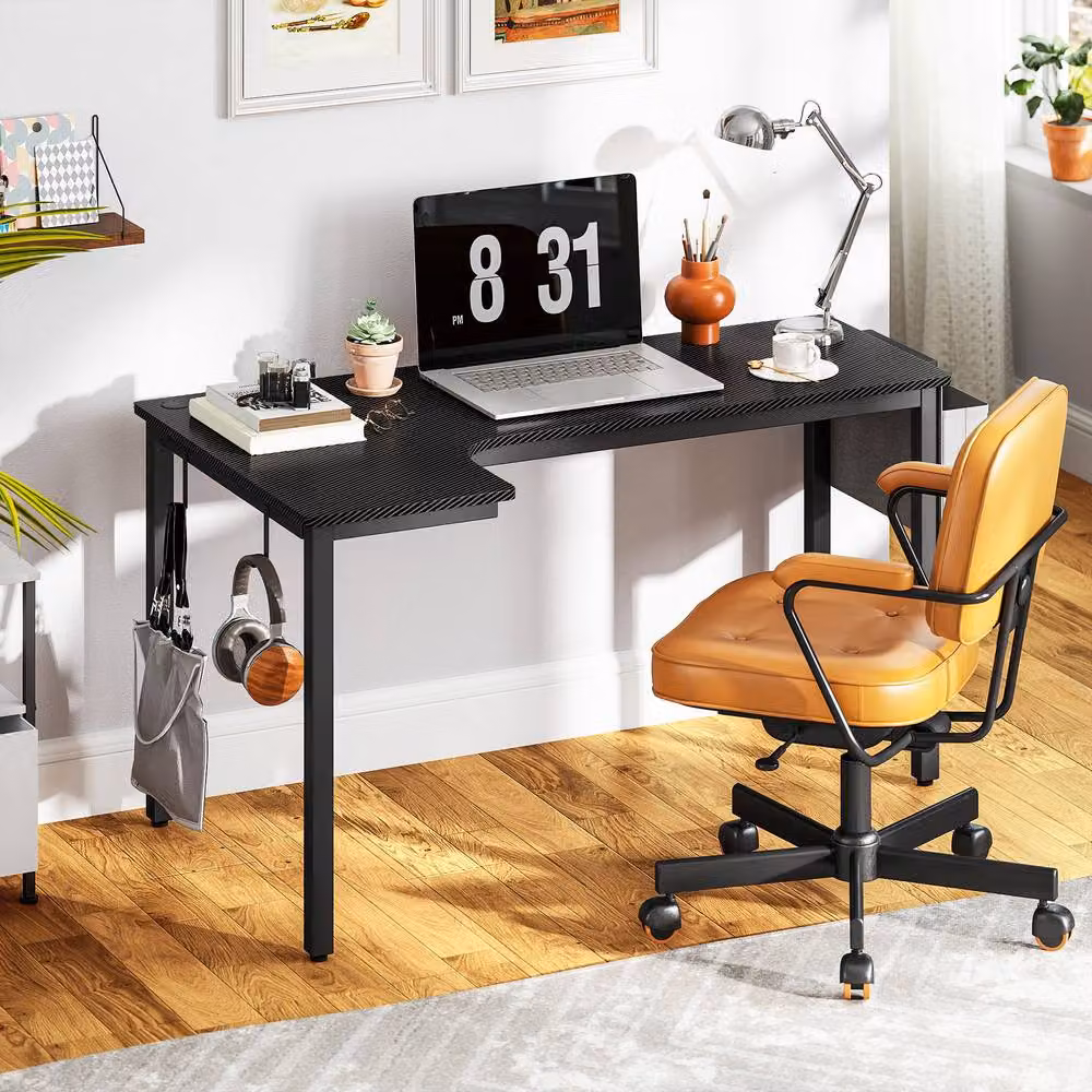 Rolipo L-Shaped Gaming Desk in Black with Cable Management and Hooks – 4