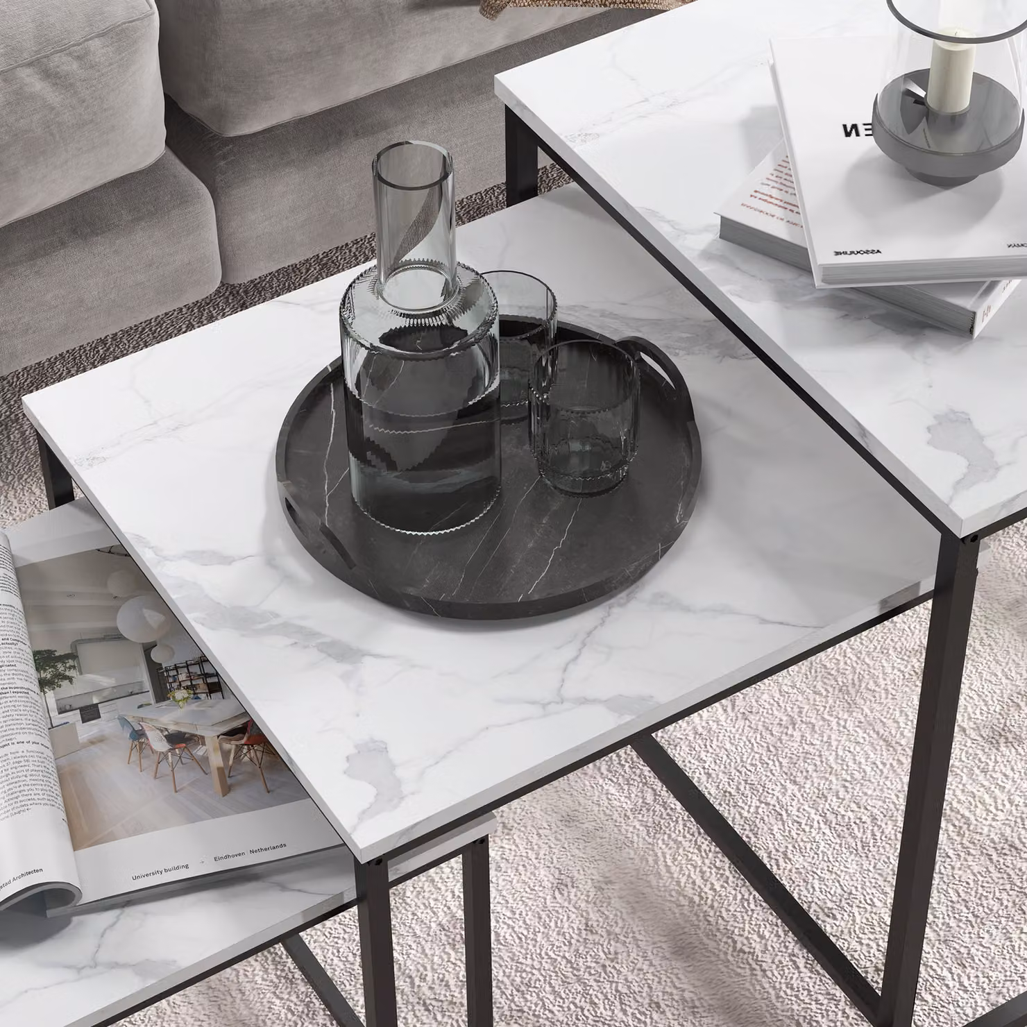 HOMCOM Set of 3 Nesting Side Tables with Faux Marble Effect Top and Steel Legs in White – 6