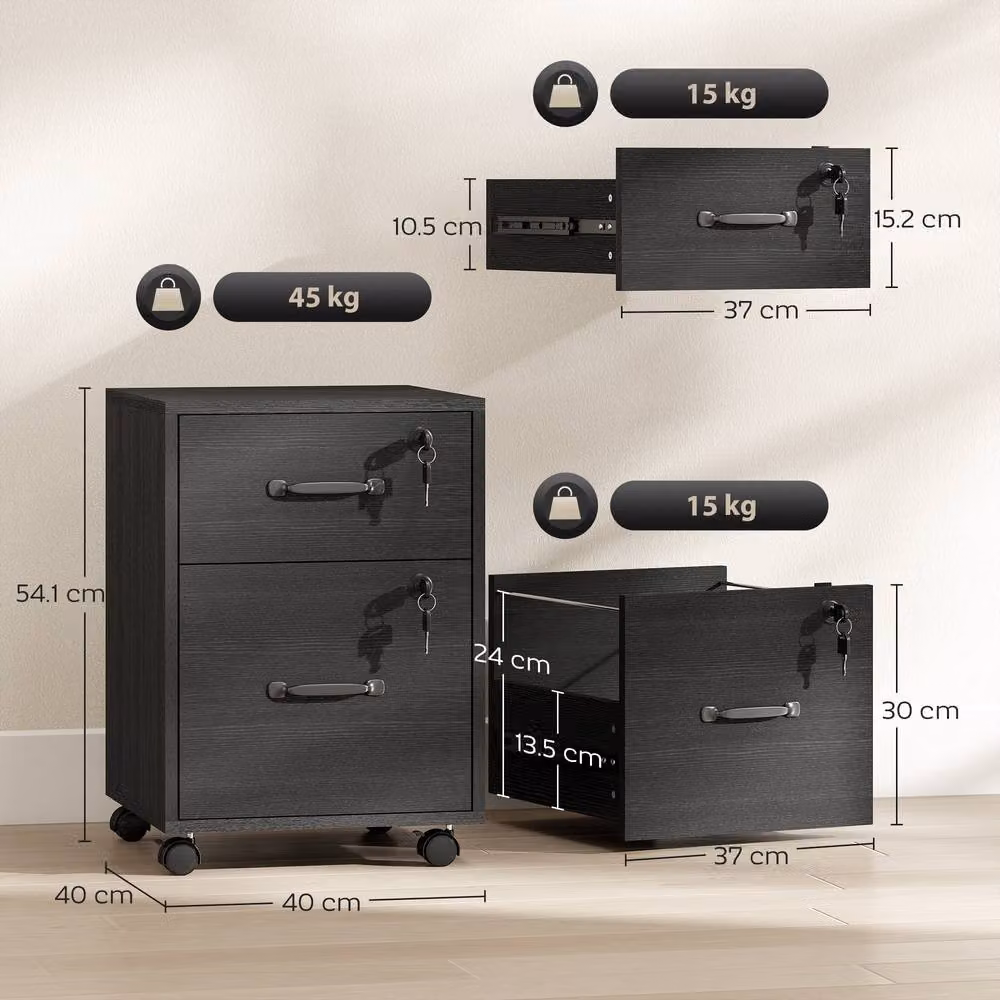 STILVORA 2 Drawer Filing Cabinet with Castors in Black – 3