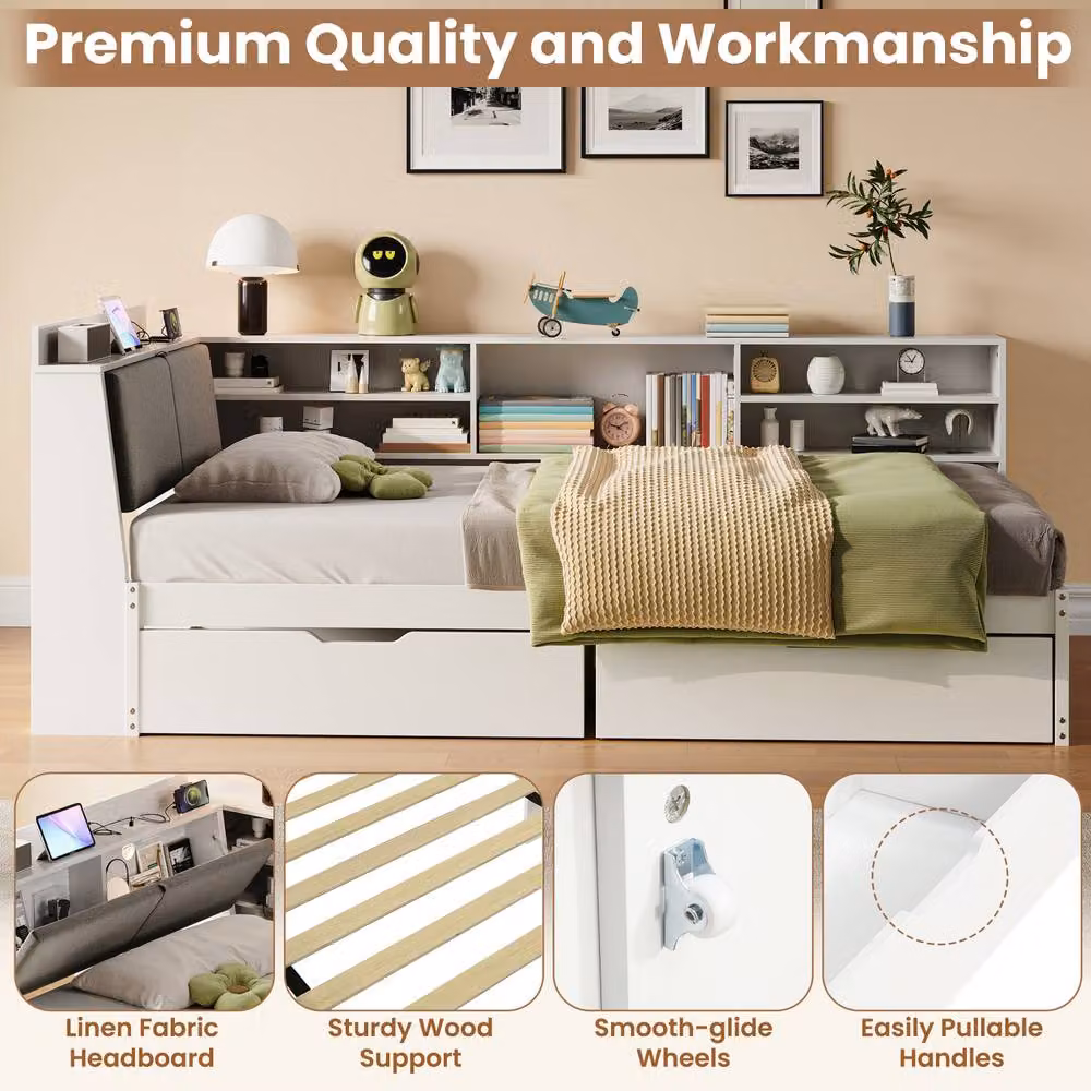 ModernLuxe L-shaped single daybed in white with drawers, bookcase, storage headboard, and USB charging port, W/D/H: 220 x 90 x 112 cm – 4