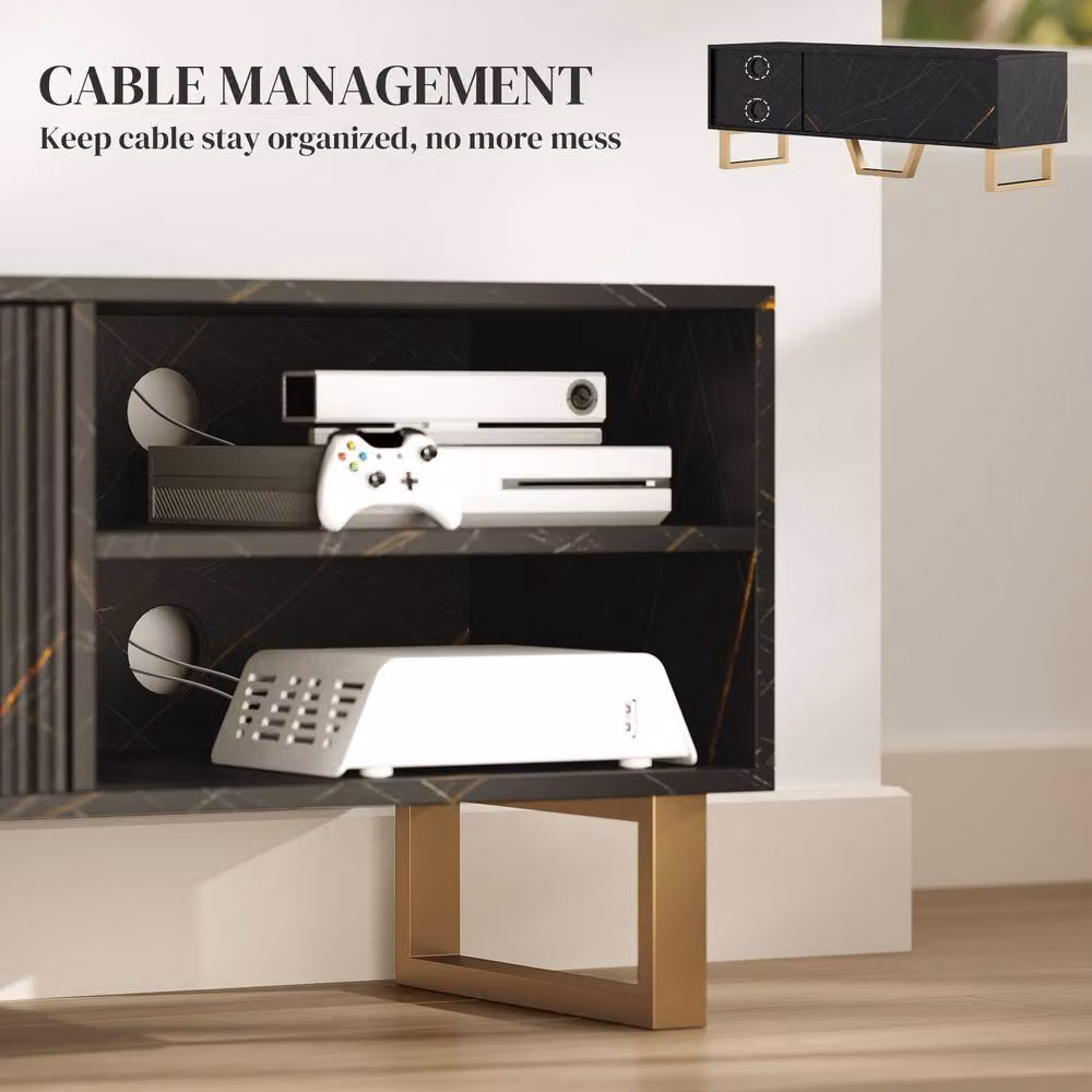 STILVORA Modern TV Stand with 2 Doors and Shelves in Matt Black and Gold Metal – 8
