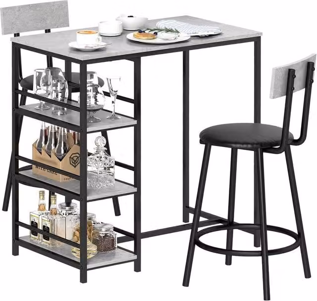 KORVIXA 3 Piece Breakfast Bar Table Set with Storage Shelves in Black – 1