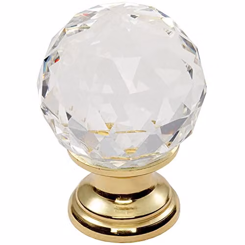 Loops Faceted Crystal Cupboard Door Knob in Polished Brass, 31mm Diameter