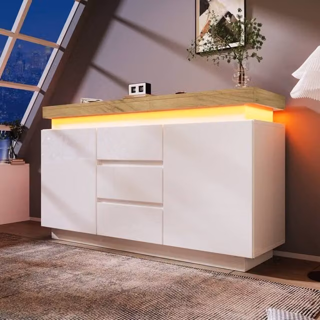 ModernLuxe High Gloss White Sideboard with Integrated LED Lighting, 2 Doors and 3 Drawers, W: 140 cm, H: 81 cm, D: 39 cm