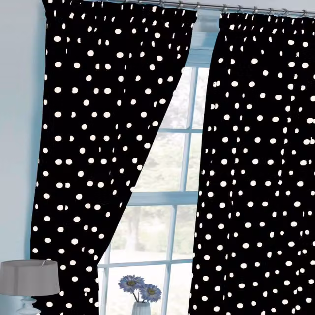My Home Black and White Polka Dot Pencil Pleat Curtain Pair with Tie Backs