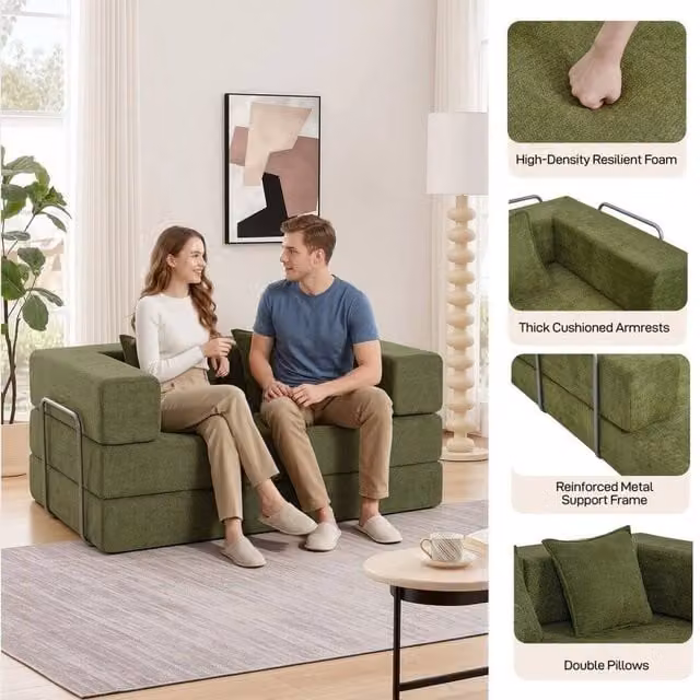 FORGEVIO Green 2 Seater Sectional Sofa Bed with Upholstered Fabric and Foam Filling