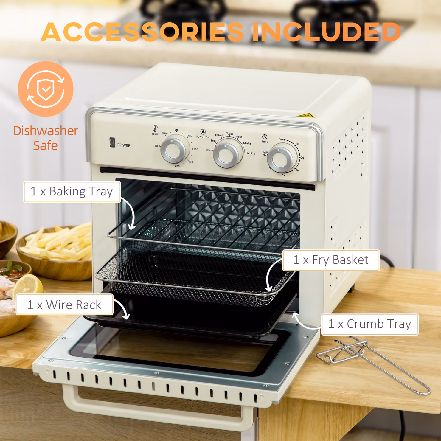 HOMCOM 20L 7-in-1 Convection Toaster Oven with Air Fry, Bake, Toast, Broil and Keep Warm Functions in Beige – 5