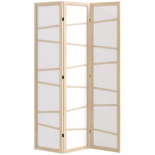 HOMCOM 3 Panel Wooden Folding Room Divider with Striped Fabric in Beige, Sand and White, H 170 x W 120 x D 1.8 cm – 1