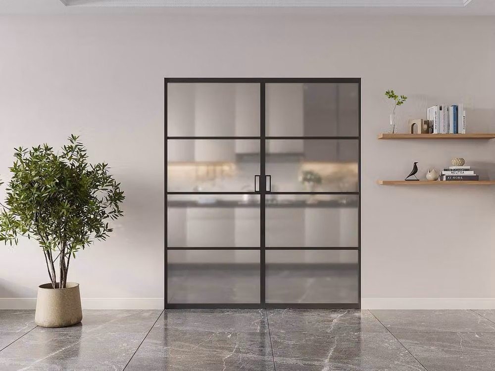 Vente-unique Industrial Double Sliding Door with Pocket System in Black with Frosted Tempered Glass and Steel – 2