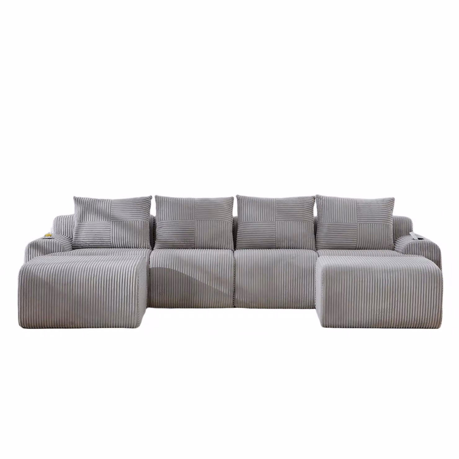Aosom UK 4-Seater Modular Cord Fabric Sectional Sofa with 2 Ottomans and Integrated Cup Holders, Light Grey, W: 333 cm, D: 174 cm, H: 80 cm – 2