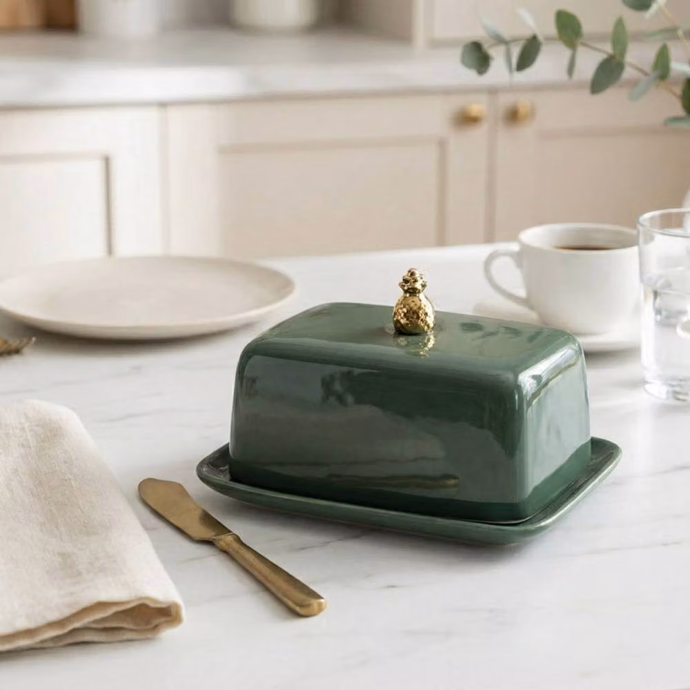 Madison & Mayfair Ceramic Gold Pineapple Butterdish in Green – 2