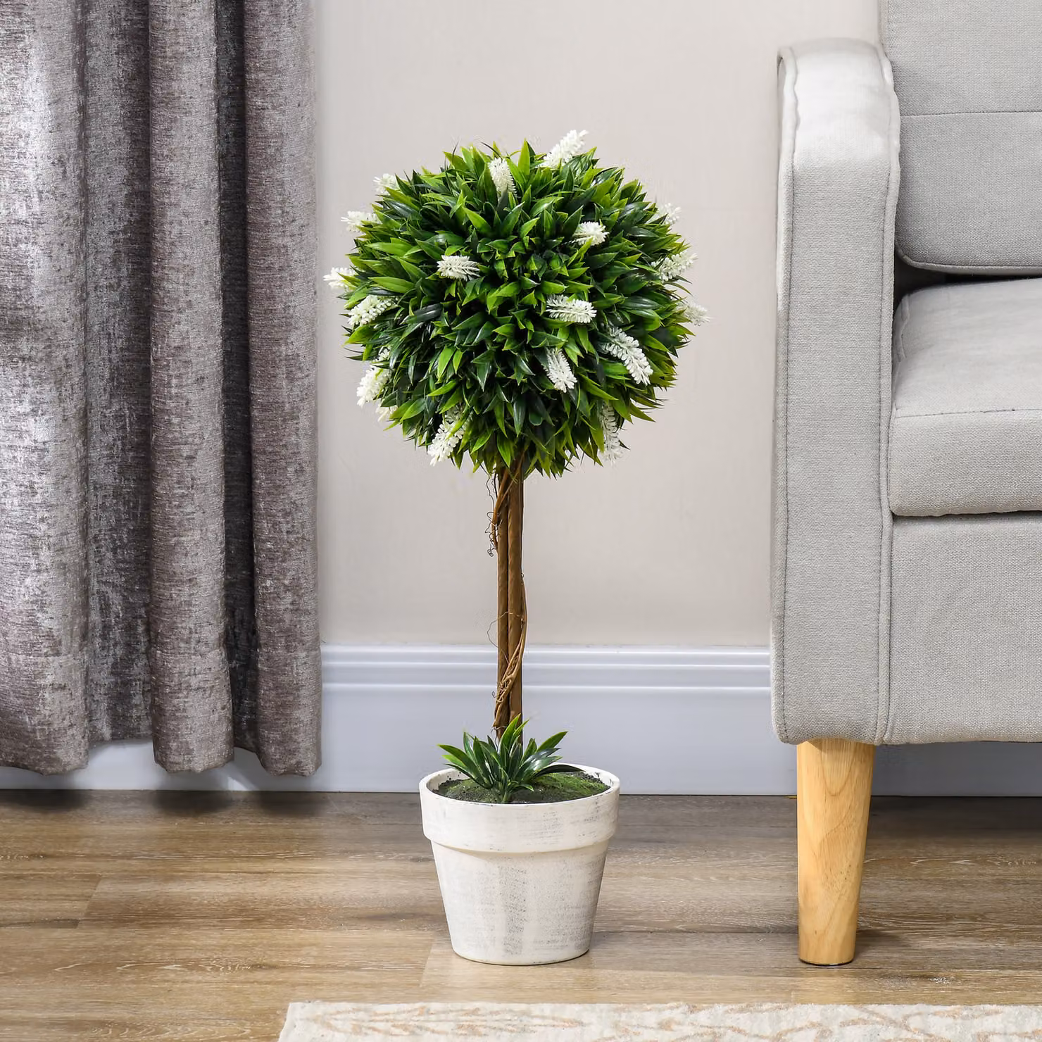 HOMCOM Set of 2 White and Green Decorative Artificial Ball Trees with Flowers, Height: 60 cm – 5
