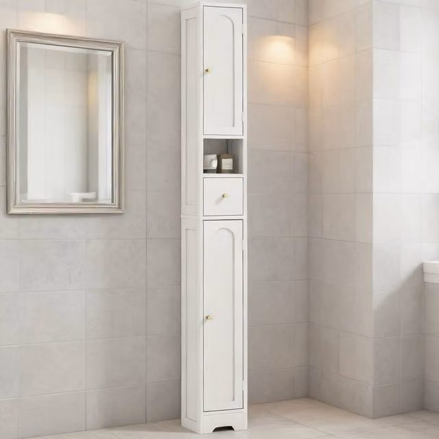 ERGOVEXA White Modern Freestanding Bathroom Cabinet with Arched Hinged Doors and Internal Shelves, Height: 185 cm