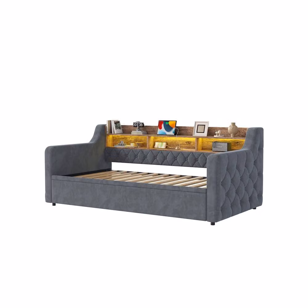 BTM Single Pull-Out Velvet Sofa Bed with LED and USB-C Charging in Dark Grey – 6