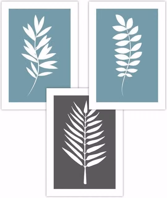 ARTZE Set of 3 Blue, Grey and White Botanical Leaf Art Posters, W: 50 cm, H: 70 cm