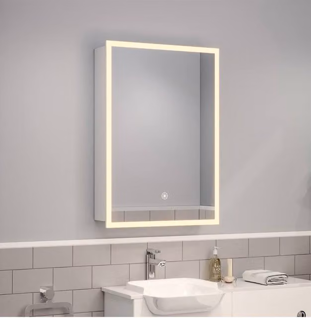 Living and Home Rectangular Wall Mount Mirror Cabinet with LED Lighting and Glass Doors in White – 1
