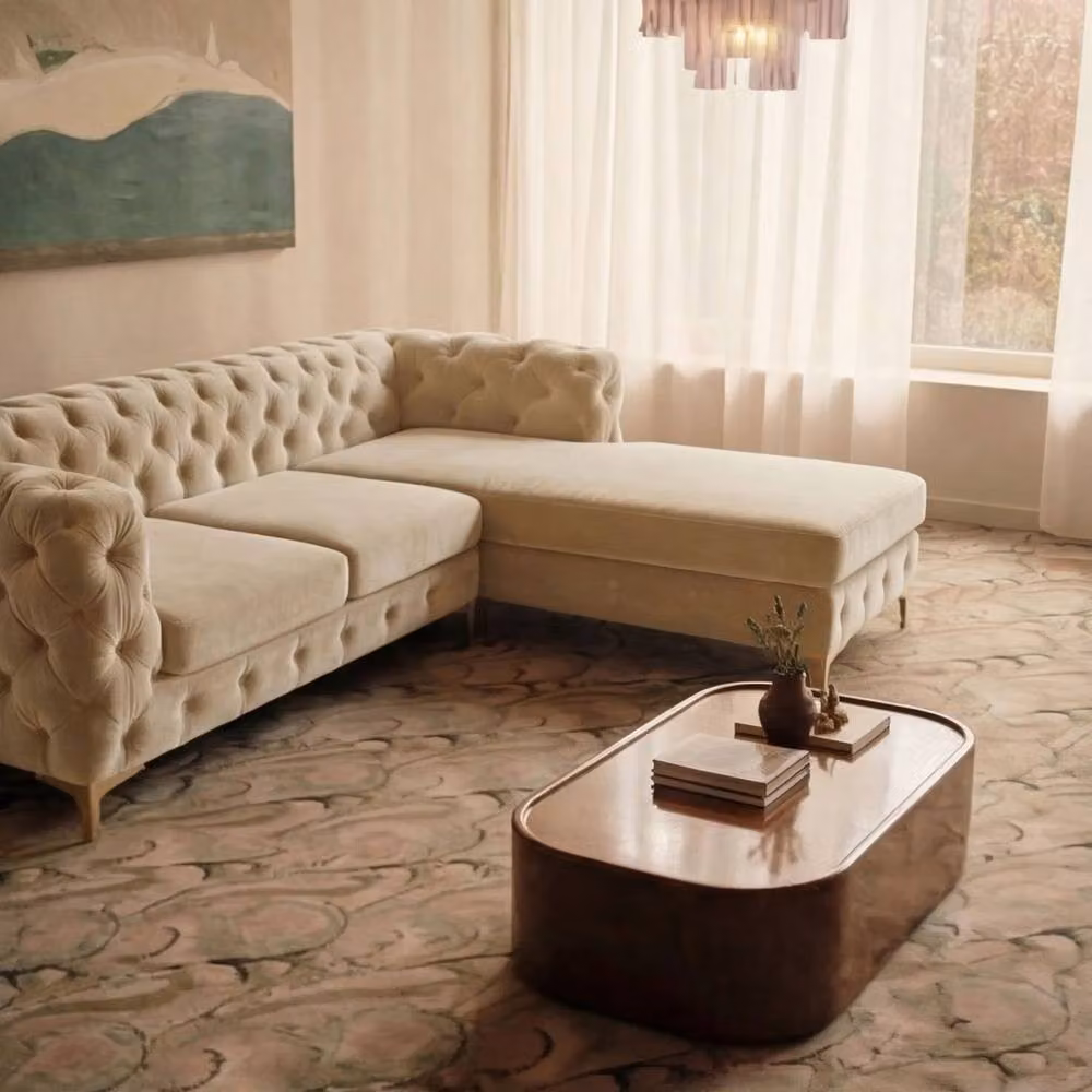 Sofaya Monaco Chesterfield 3 Seater L-Shaped Sofa with Right Hand Chaise in Beige Velvet – 2