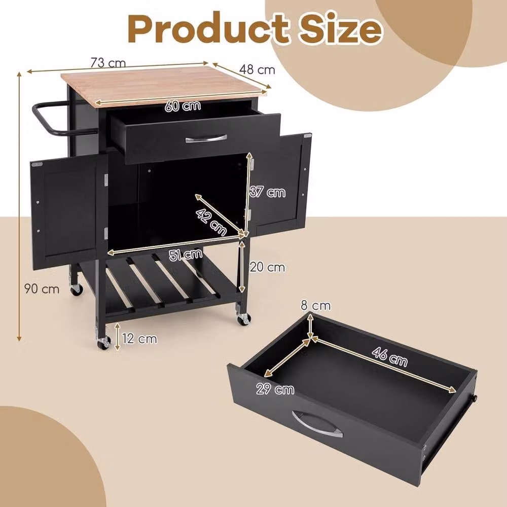 VOGREX Modern Wheeled Kitchen Island Cart with Drawer in Black and Rubberwood – 2