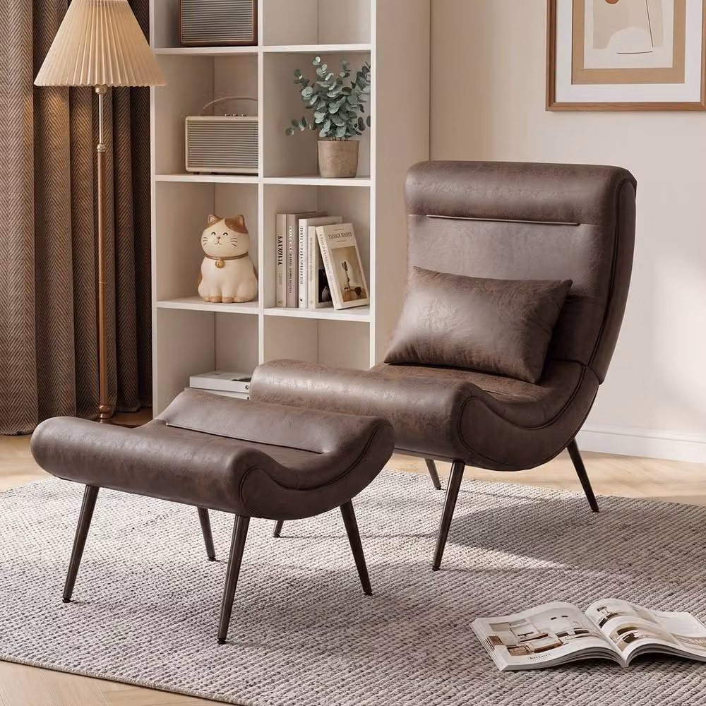 HOMCOM Modern Brown Synthetic Leather Accent Chair with Ottoman and Lumbar Pillow, Seat Width: 64 cm – 2